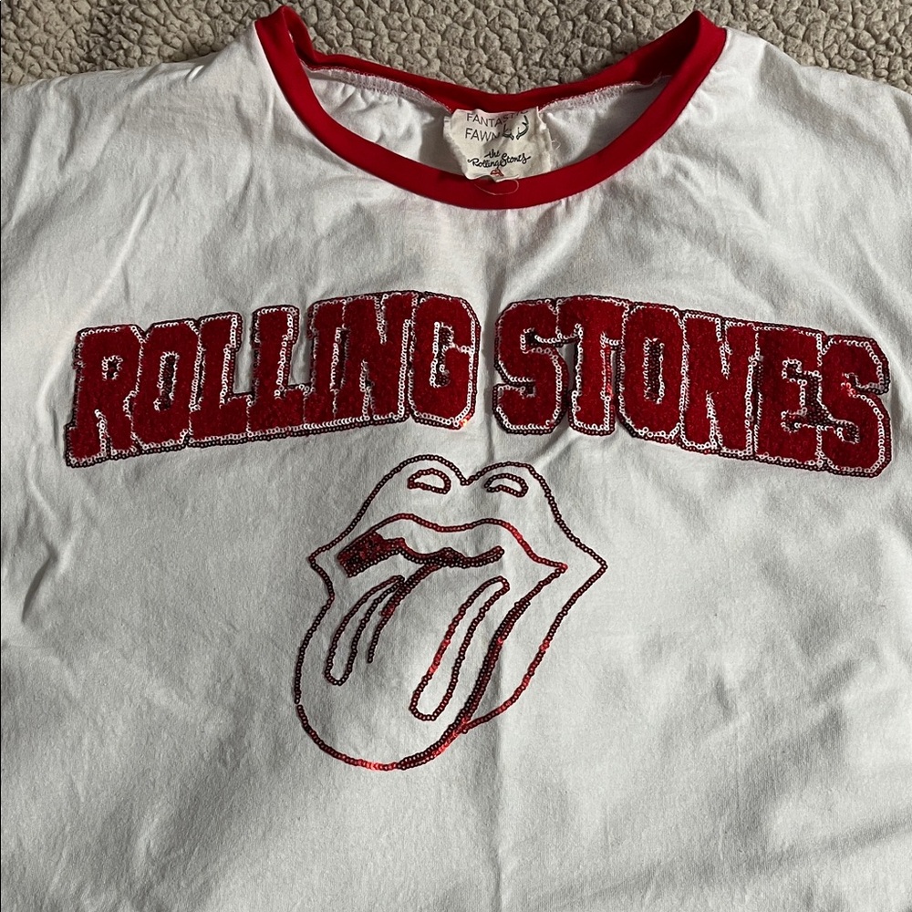 the Rolling Stones White Tee with Red Logo and Trim